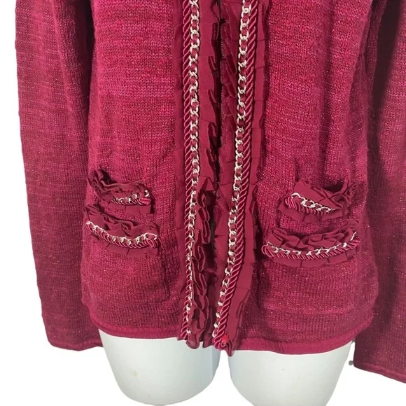 White House Black Market Cardigan Sweater Ruffle Chain Trim Hook And Eye Closure - Picture 2 of 8